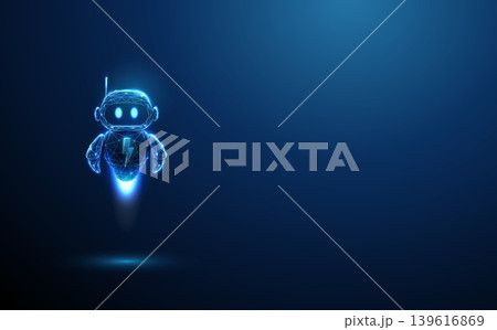 3D blue robot with lightning. Artificial intelligence, automation power, machine learning, smart innovation, fast computing, energy boost, neural network concept 3D blue robot with lightning. Artificial intelligence, automation power, machine learning, smart innovation, fast computing, energy boost, neural network concept 139616869