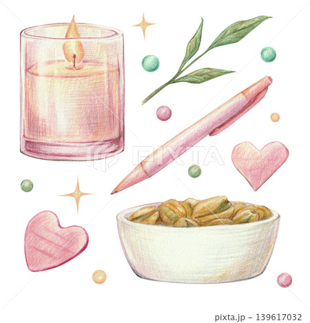 Candle, pen, snack set of cute and cozy clip art. Pencil illustrations for self-care and relaxation design. Candle, pen, snack set of cute and cozy clip art. Pencil illustrations for self-care and relaxation design. 139617032