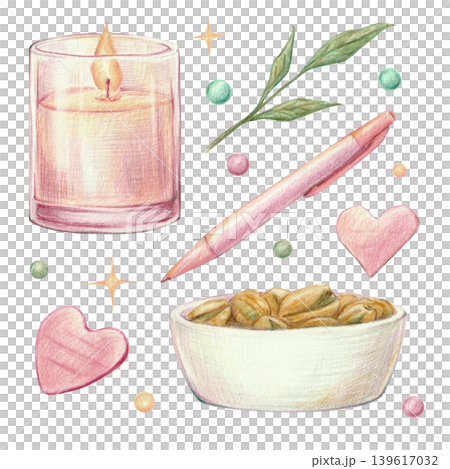 Candle, pen, snack set of cute and cozy clip art. Pencil illustrations for self-care and relaxation design. Candle, pen, snack set of cute and cozy clip art. Pencil illustrations for self-care and relaxation design. 139617032