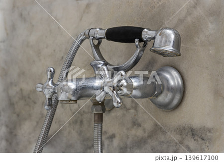 This exquisite vintage bath fixture, balances old-world charm with functional luxury. A telephone-style hand shower with a black grip rests on a chrome cradle above two sculpted cross-handle taps. The 139617100