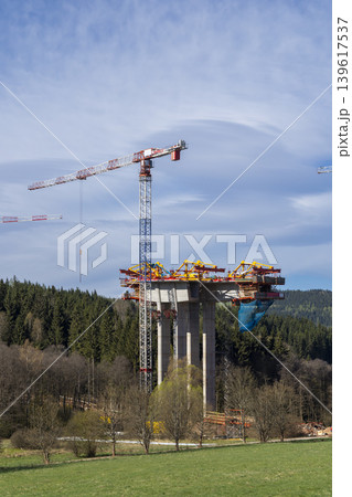 Bridge under construction with tower crane in Bernartice 139617537