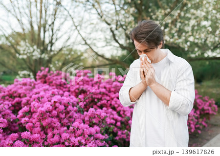 A man wipes his nose with a tissue while standing by vibrant pink azalea bushes. This image portrays seasonal allergies, hay fever, and spring pollen sensitivity. 139617826