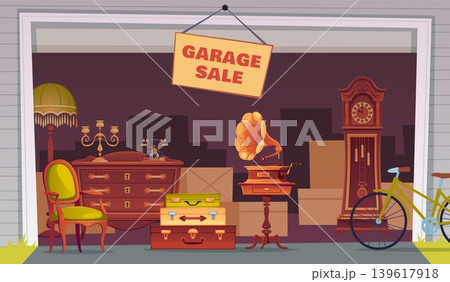 Garage sale. Antique store with second hand items, home bazaar, vintage domestic goods, furniture, lamps, open gate, resale and decluttering, secondhand tidy vector cartoon isolated concept Garage sale. Antique store with second hand items, home bazaar, vintage domestic goods, furniture, lamps, open gate, resale and decluttering, secondhand tidy vector cartoon isolated concept 139617918
