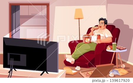 Gluttony people. Fat man eats fast food while watching tv, bad habit, overeating and bulimia, obsessive eating disorder, fast food snacks and soda, tidy vector cartoon isolated concept 139617920