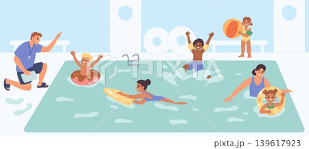 Kids in pool. Coach works with children on water, teaching swim, safety measures, inflatable rings, balls, armbands, swimming children with parents, garish vector cartoon isolated concept Kids in pool. Coach works with children on water, teaching swim, safety measures, inflatable rings, balls, armbands, swimming children with parents, garish vector cartoon isolated concept 139617923