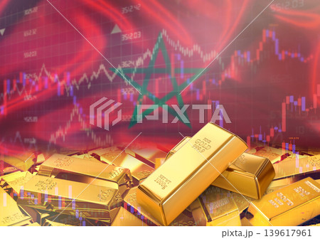 Gold bars on Moroccan flag in background. Gold bars stacked on Moroccan flag. Concept of Morocco gold reserves 139617961