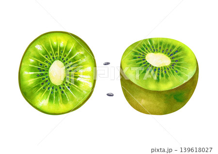 Hand-painted watercolor set of a kiwi fruit, with a top-down view of a circular slice and a side view of a halved kiwi and two isolated seeds on a isolated background. Botanical illustration is Hand-painted watercolor set of a kiwi fruit, with a top-down view of a circular slice and a side view of a halved kiwi and two isolated seeds on a isolated background. Botanical illustration is 139618027