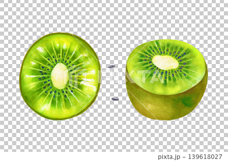Hand-painted watercolor set of a kiwi fruit, with a top-down view of a circular slice and a side view of a halved kiwi and two isolated seeds on a isolated background. Botanical illustration is Hand-painted watercolor set of a kiwi fruit, with a top-down view of a circular slice and a side view of a halved kiwi and two isolated seeds on a isolated background. Botanical illustration is 139618027