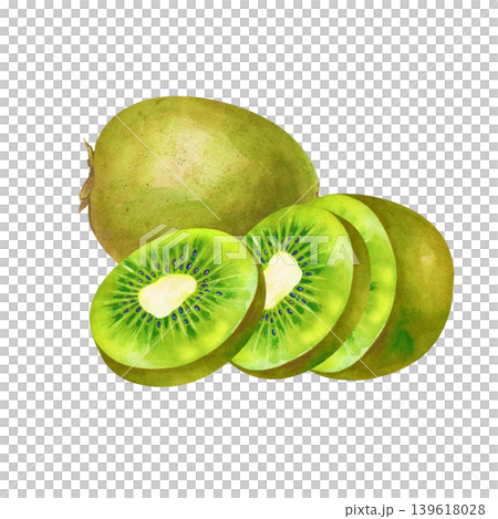 Watercolor illustration of kiwi fruit on a isolated background. The composition with one whole fuzzy kiwi and three green slices with small black seeds. Botanical element for food packaging, healthy Watercolor illustration of kiwi fruit on a isolated background. The composition with one whole fuzzy kiwi and three green slices with small black seeds. Botanical element for food packaging, healthy 139618028