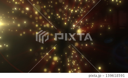 Golden glowing particles floating in dark space with warm red tones, soft bokeh, and dramatic light burst 139618591