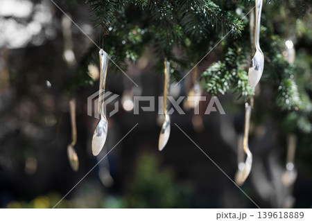 Surreal and whimsical garden scene with metallic spoons reflecting soft light. Multiple silver spoons hanging from evergreen tree branches in a garden.  Silverware as unique tree ornaments. 139618889