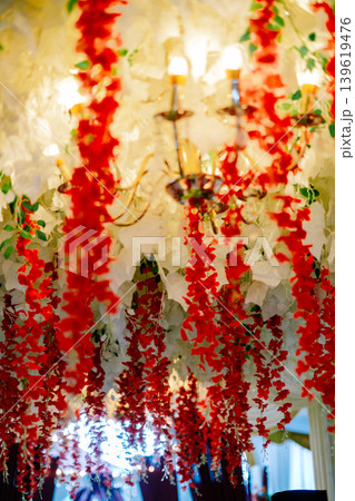 Elegant Wedding Pergola Decor with Hanging Red Floral Ornaments 139619476