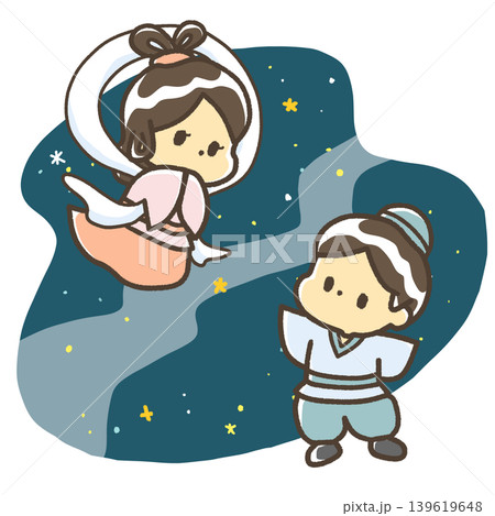 夜空の天の川と織姫と彦星 139619648