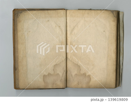 Old book, parchment and blank paper in vintage texture or faded water damage on page. Ancient, manuscript and empty document in history with aged, stained and mold on pages in journal from archive 139619809
