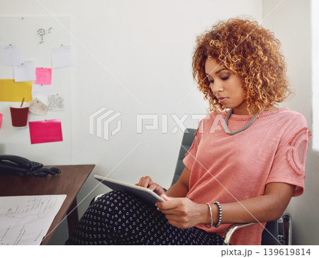 Communication, woman or designer with tablet for social media, technology or typing online. Business, networking or worker in office on break on blog for web design update or research on app or iot Communication, woman or designer with tablet for social media, technology or typing online. Business, networking or worker in office on break on blog for web design update or research on app or iot 139619814