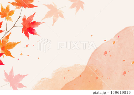 水彩もみじと和紙風にじみ背景の秋バナー素材｜和風の紅葉フレームイラスト 139619819