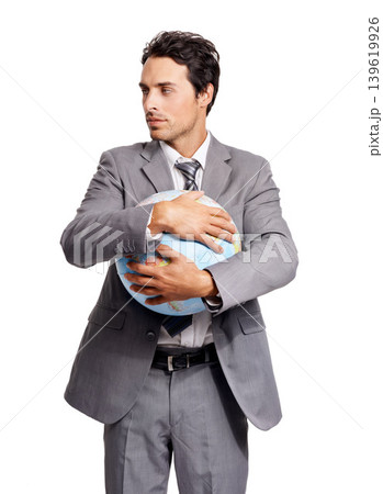 Business man hug globe, earth day or world for future corporate travel isolated on white studio background. Person embrace planet map for geography, environment conservation in ecology or protection Business man hug globe, earth day or world for future corporate travel isolated on white studio background. Person embrace planet map for geography, environment conservation in ecology or protection 139619926