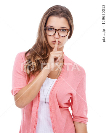 Portrait, silence and woman with finger on the lips, whisper and model isolated on white studio background. Face, person and girl with noise control, privacy and shush emoji with secret and news 139620012