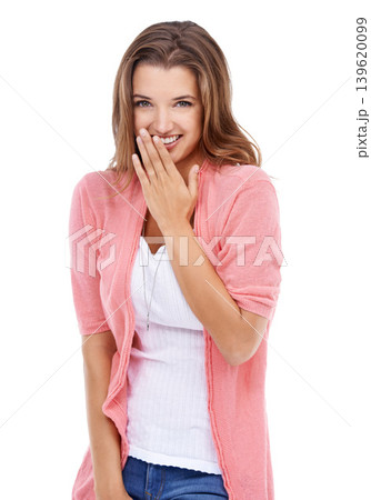 Hand, portrait and shy woman laughing in studio with comic, humor or silly joke on white background. Happy, smile and face of female model with reaction to gossip, secret or drama with oops gesture Hand, portrait and shy woman laughing in studio with comic, humor or silly joke on white background. Happy, smile and face of female model with reaction to gossip, secret or drama with oops gesture 139620099