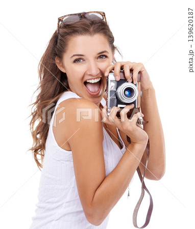Photographer, excited woman or portrait with retro camera in studio for photoshoot, content creation or paparazzi magazine on white background Happy journalist, photography or creative art production 139620187