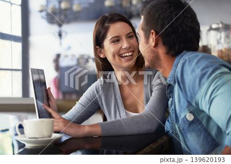 Tablet, restaurant and couple of people smile for cafe feedback, diner review and monitor web traffic to online menu. Remote work, freelance and team check social network for cafeteria reputation Tablet, restaurant and couple of people smile for cafe feedback, diner review and monitor web traffic to online menu. Remote work, freelance and team check social network for cafeteria reputation 139620193