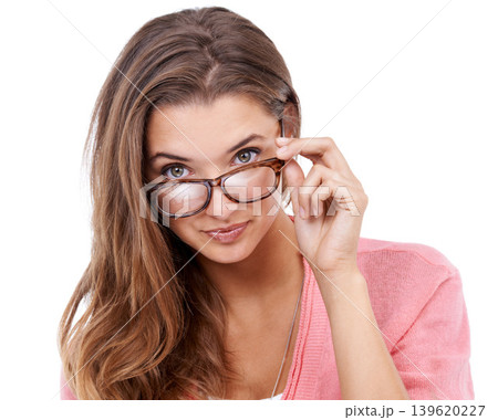 Woman, portrait and glasses for optometry wellness in studio, eyecare and prescription on white background. Female person, insurance and spectacles for eyesight, frame and optic lenses for support 139620227