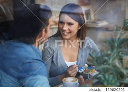 Smile, love and couple eating in cafe, drinking coffee and bonding together on valentines day date in the morning. Happy, man and woman in restaurant with breakfast espresso, food and conversation Smile, love and couple eating in cafe, drinking coffee and bonding together on valentines day date in the morning. Happy, man and woman in restaurant with breakfast espresso, food and conversation 139620293