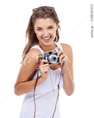 Happy woman, photographer and portrait with retro camera for creative media, content creation and paparazzi magazine in studio on white background. Journalist, photography and lens for art production Happy woman, photographer and portrait with retro camera for creative media, content creation and paparazzi magazine in studio on white background. Journalist, photography and lens for art production 139620355