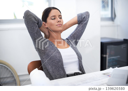 Office, eyes closed or business woman relax after secretary work for wellness, rest or stress relief. Calm mindset, peace or professional receptionist with mental health break, easy and done with job 139620380
