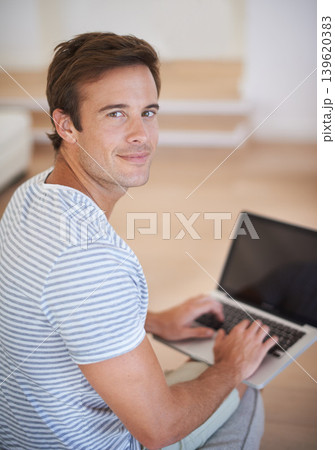 Man, portrait and laptop in home with confidence, positive and freelancer with typing up project proposal. Person, smile and face with pc for online connection, entrepreneur and working in apartment Man, portrait and laptop in home with confidence, positive and freelancer with typing up project proposal. Person, smile and face with pc for online connection, entrepreneur and working in apartment 139620383