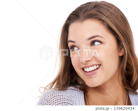 Thinking, ideas and woman with smile, questions and model isolated on a white studio background. Person, mockup space and girl with wonder, decision and excited with solution, choice or joy with why 139620434