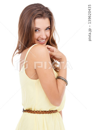 Portrait, young model and fashion in studio for shy with elegant girl and trendy style. French woman, face and positive with red hair in gen z aesthetic, clothes and yellow dress by white background Portrait, young model and fashion in studio for shy with elegant girl and trendy style. French woman, face and positive with red hair in gen z aesthetic, clothes and yellow dress by white background 139620435