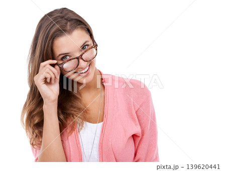 Woman, portrait and glasses for vision in studio, eyecare and prescription on white background. Happy female person, ophthalmology and spectacles for eyesight, frame and optic lenses for smile Woman, portrait and glasses for vision in studio, eyecare and prescription on white background. Happy female person, ophthalmology and spectacles for eyesight, frame and optic lenses for smile 139620441