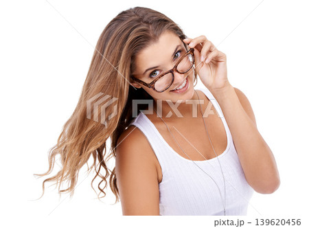 Woman, portrait and glasses for eyesight in studio, eyecare and prescription on white background. Happy female person, ophthalmology and spectacles for wellness, frame and optic lenses for vision 139620456