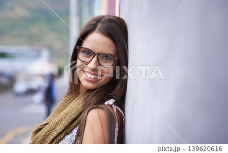 Woman, portrait and confidence or outdoor city or relaxing, mockup space or happiness. Female person, face and wall rest or summer style in nature park for vacation adventure, peace or United States Woman, portrait and confidence or outdoor city or relaxing, mockup space or happiness. Female person, face and wall rest or summer style in nature park for vacation adventure, peace or United States 139620616