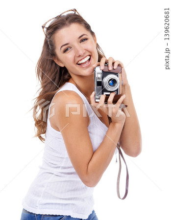 Photography woman or smile with retro camera in studio for photoshoot, content creation or media on white background. Portrait, excited journalist or photographer for paparazzi magazine, blog and art Photography woman or smile with retro camera in studio for photoshoot, content creation or media on white background. Portrait, excited journalist or photographer for paparazzi magazine, blog and art 139620681