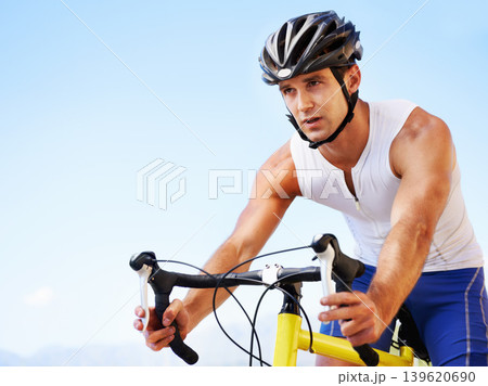Man, bicycle and road sports challenge for performance endurance, fitness or transportation. Male person, cyclist and practice workout for triathlon commitment for speed exercise, health or outdoor Man, bicycle and road sports challenge for performance endurance, fitness or transportation. Male person, cyclist and practice workout for triathlon commitment for speed exercise, health or outdoor 139620690