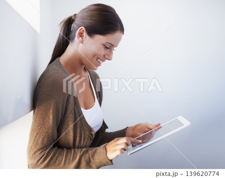 Research, designer or happy woman with tablet for networking on social media app or website. Internet, scroll or female person with technology for planning, online project and information in office Research, designer or happy woman with tablet for networking on social media app or website. Internet, scroll or female person with technology for planning, online project and information in office 139620774