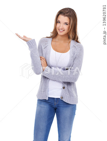Smile, portrait and woman with hand pointing in studio for announcement, news or checklist on white background. Information, face and female model show promotion, feedback or review, deal or platform 139620781