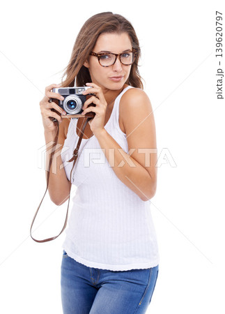 Photographer, portrait or woman with retro camera in studio for multimedia production, photoshoot and art blog on white background. Journalist, photography and content creation for paparazzi magazine Photographer, portrait or woman with retro camera in studio for multimedia production, photoshoot and art blog on white background. Journalist, photography and content creation for paparazzi magazine 139620797