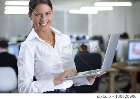 Business woman, portrait and laptop in workspace for information technology, planning and software management. Professional leader or manager on computer for workflow and employees schedule in office 139620906