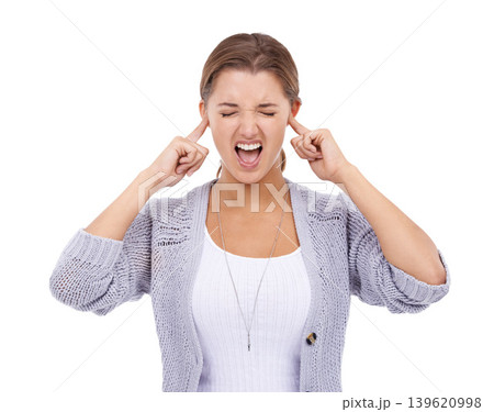 Fingers in ears, stress and screaming woman in studio for noise, volume or sensitive on white background. Anxiety, fear and female model with panic attack, gesture or frustrated by tinnitus disaster Fingers in ears, stress and screaming woman in studio for noise, volume or sensitive on white background. Anxiety, fear and female model with panic attack, gesture or frustrated by tinnitus disaster 139620998