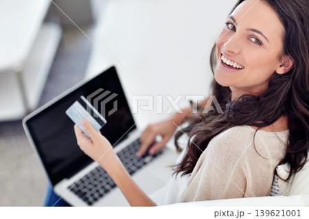 Woman, portrait and credit card, laptop for online shopping and finance at home, fintech and internet banking. Ecommerce, commercial and investment, customer happy with purchase, crypto and financial Woman, portrait and credit card, laptop for online shopping and finance at home, fintech and internet banking. Ecommerce, commercial and investment, customer happy with purchase, crypto and financial 139621001