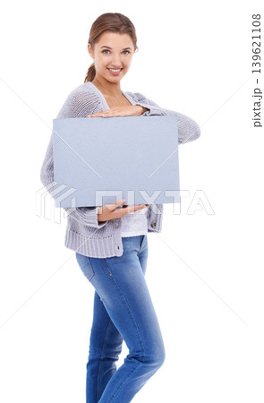 Poster, mockup and portrait of woman with board, broadcast space or advertising promotion in studio on white background. Happy model, presentation and sign for feedback, offer or information about us Poster, mockup and portrait of woman with board, broadcast space or advertising promotion in studio on white background. Happy model, presentation and sign for feedback, offer or information about us 139621108