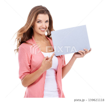 Portrait, happy woman or pointing to space on poster, presentation or advertising board, broadcast deal or review in studio on white background. Model, mockup sign and feedback of commercial about us Portrait, happy woman or pointing to space on poster, presentation or advertising board, broadcast deal or review in studio on white background. Model, mockup sign and feedback of commercial about us 139621118