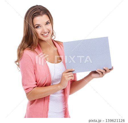 Woman, blank poster and portrait by mockup space in studio, paper and bulletin for announcement. Happy female person, board and placard for promotion and advertisement, news and white background Woman, blank poster and portrait by mockup space in studio, paper and bulletin for announcement. Happy female person, board and placard for promotion and advertisement, news and white background 139621126