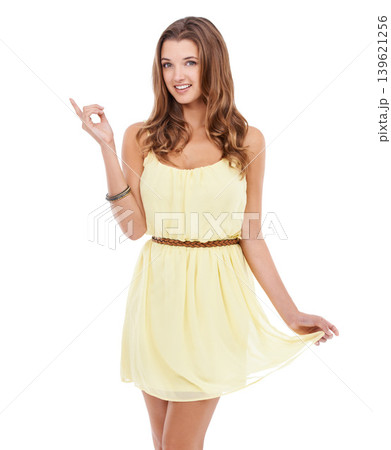 Portrait of happy woman, pointing or fashion in studio on mockup on white background for sales promo. Show, choice or model with style, smile or space for ads, presentation or review for clothes deal Portrait of happy woman, pointing or fashion in studio on mockup on white background for sales promo. Show, choice or model with style, smile or space for ads, presentation or review for clothes deal 139621256