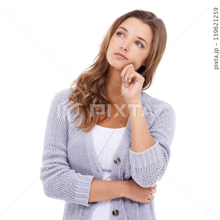 Woman, ideas and thinking in studio of choice, remember memory and insight of questions on white background. Curious model daydream of decision, planning future and brainstorming solution, FAQ or why 139621259