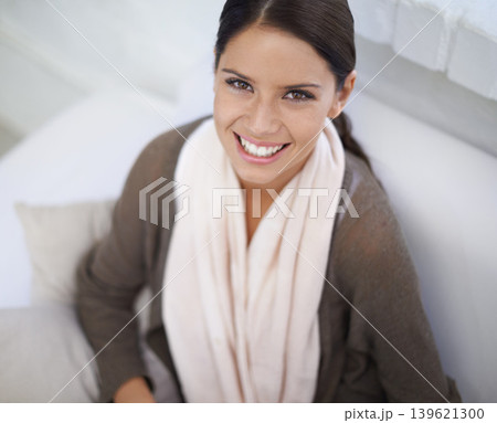 Portrait, woman and happy on sofa in home, relax and positive gen z for break in living room. Young person, face and smile on couch in wellness, casual fashion and calm for weekend in apartment Portrait, woman and happy on sofa in home, relax and positive gen z for break in living room. Young person, face and smile on couch in wellness, casual fashion and calm for weekend in apartment 139621300