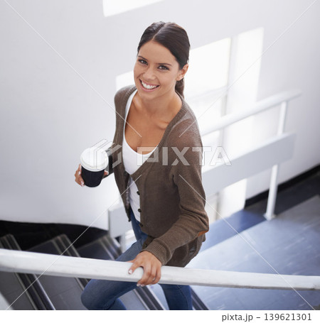 Portrait, stairs and business woman with coffee, latte and drink espresso in creative startup. Steps, tea and happy professional designer in office with healthy hot beverage for energy in the morning 139621301